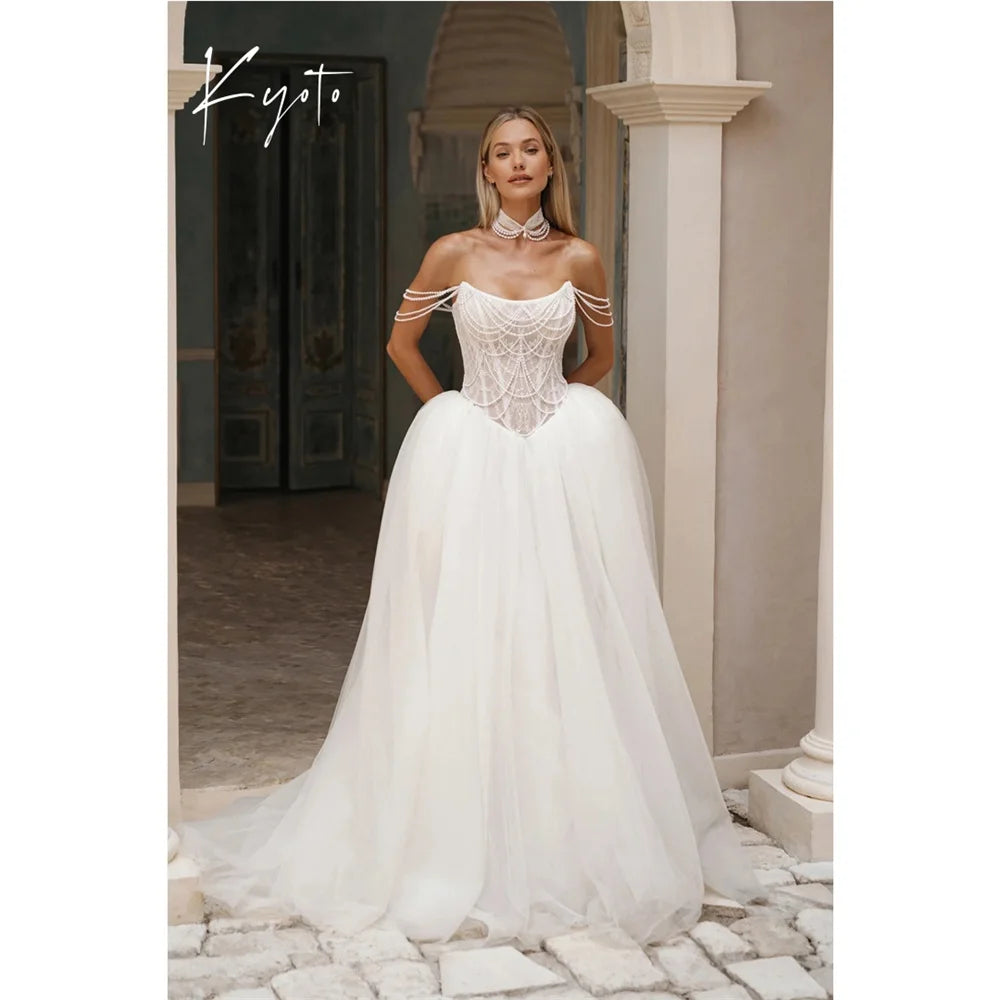Kyoto Customized White Off-the-Shoulder Pearl Chain Wedding Dress A-Line Lace-Up vestidos de noche Court Train robe de mariée