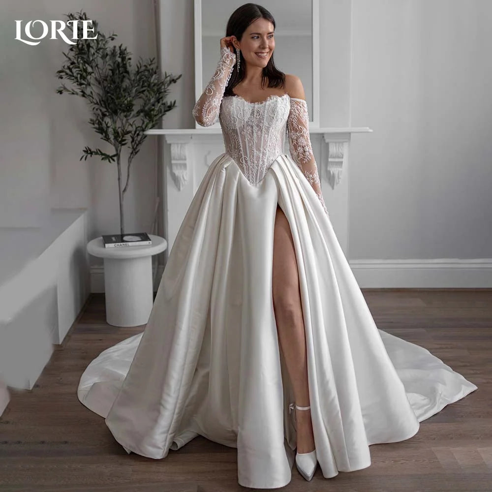 LORIE Lace Wedding Dress Sweetheart Split A-line Bride Gown Long Sleeve Customized Appiques Corset Bride Dress vestidos de novia
