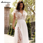 ZapDress Summer Boho Wedding Dresses Beach Lace High Slit Bride Dresses V Neck Wedding Gowns Short Sleeves Customized