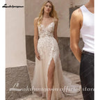 ZapDress Summer Split Side Lace Appliques V Neck Wedding Dress for Women Spaghetti Straps Bridal Gown Abito Da Sposa