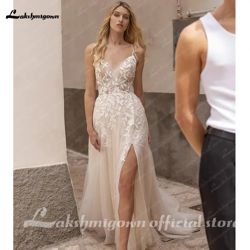 ZapDress Summer Split Side Lace Appliques V Neck Wedding Dress for Women Spaghetti Straps Bridal Gown Abito Da Sposa