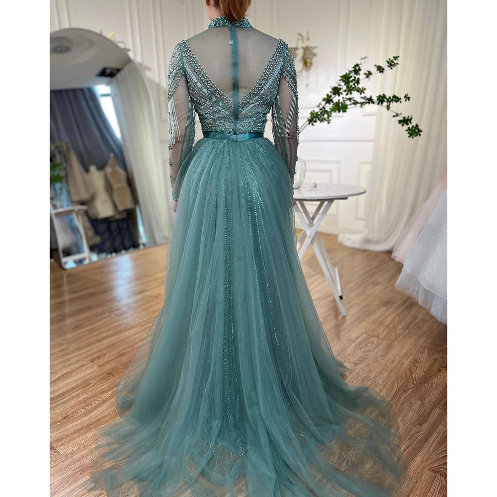 Zapdress Customized Nude Long Sleeves Beaded Mermaid Dubai Evening Dresses 2025 Muslim Party Gowns for Veiled Women (ZD17327)
