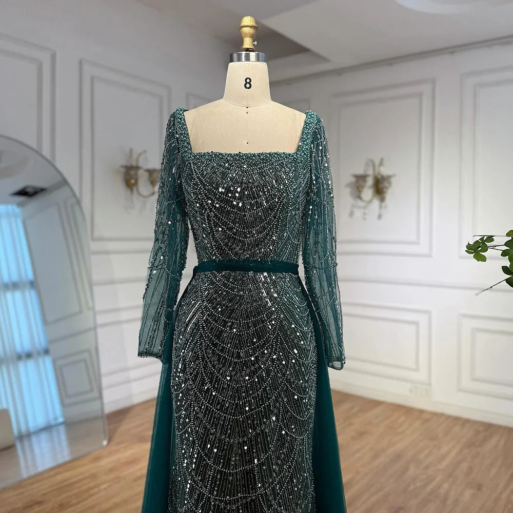 Zapdress Green Square Collar Long Sleeve Mermaid Pearls Beaded Evening Party Gown Overskirt Dress DLA72032N Customized (ZD17342)