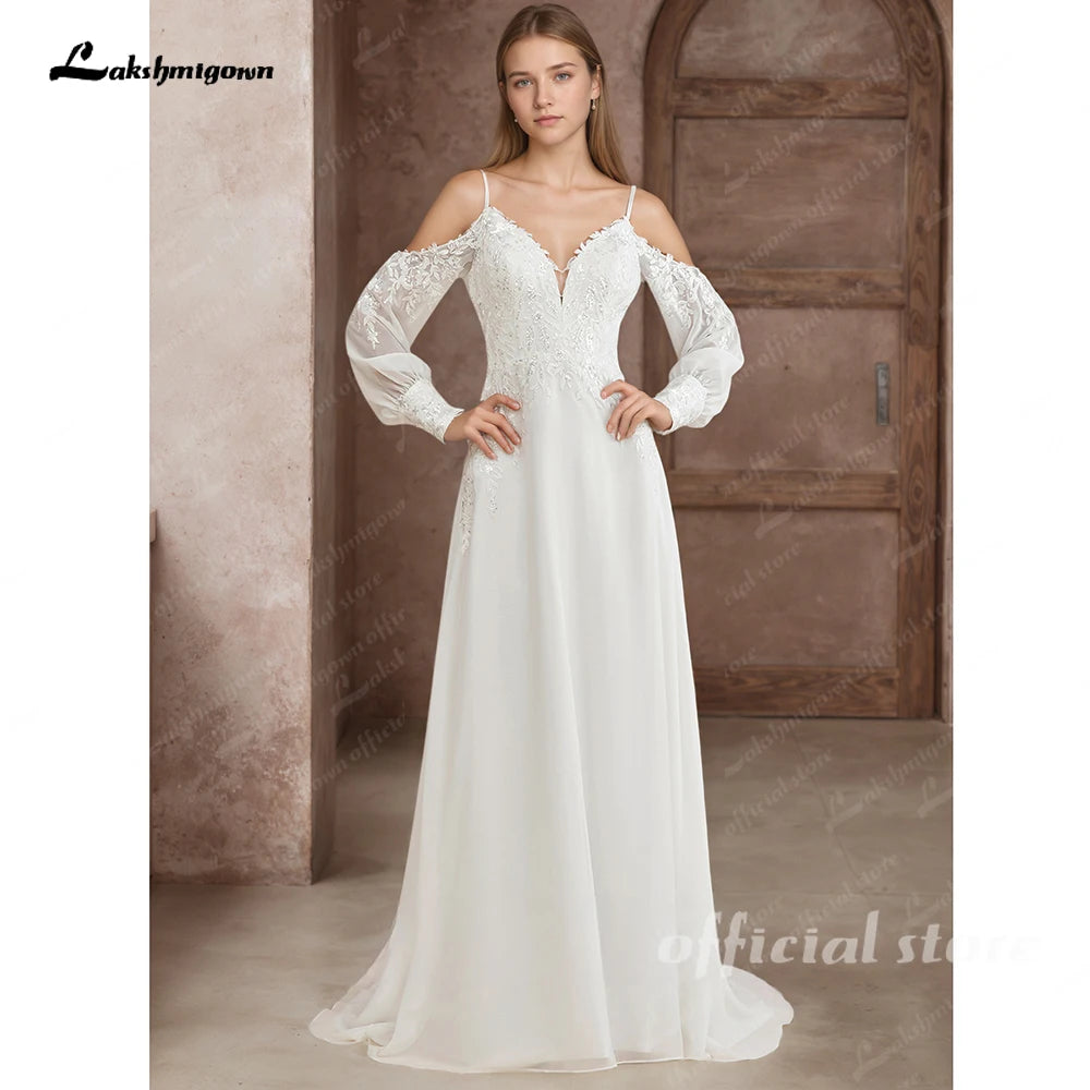 ZapDress Illusion Off White Wedding Dress Off Shoulder Long Sleeve Bridal Gown for Women Summer Vestido De Novia Customized
