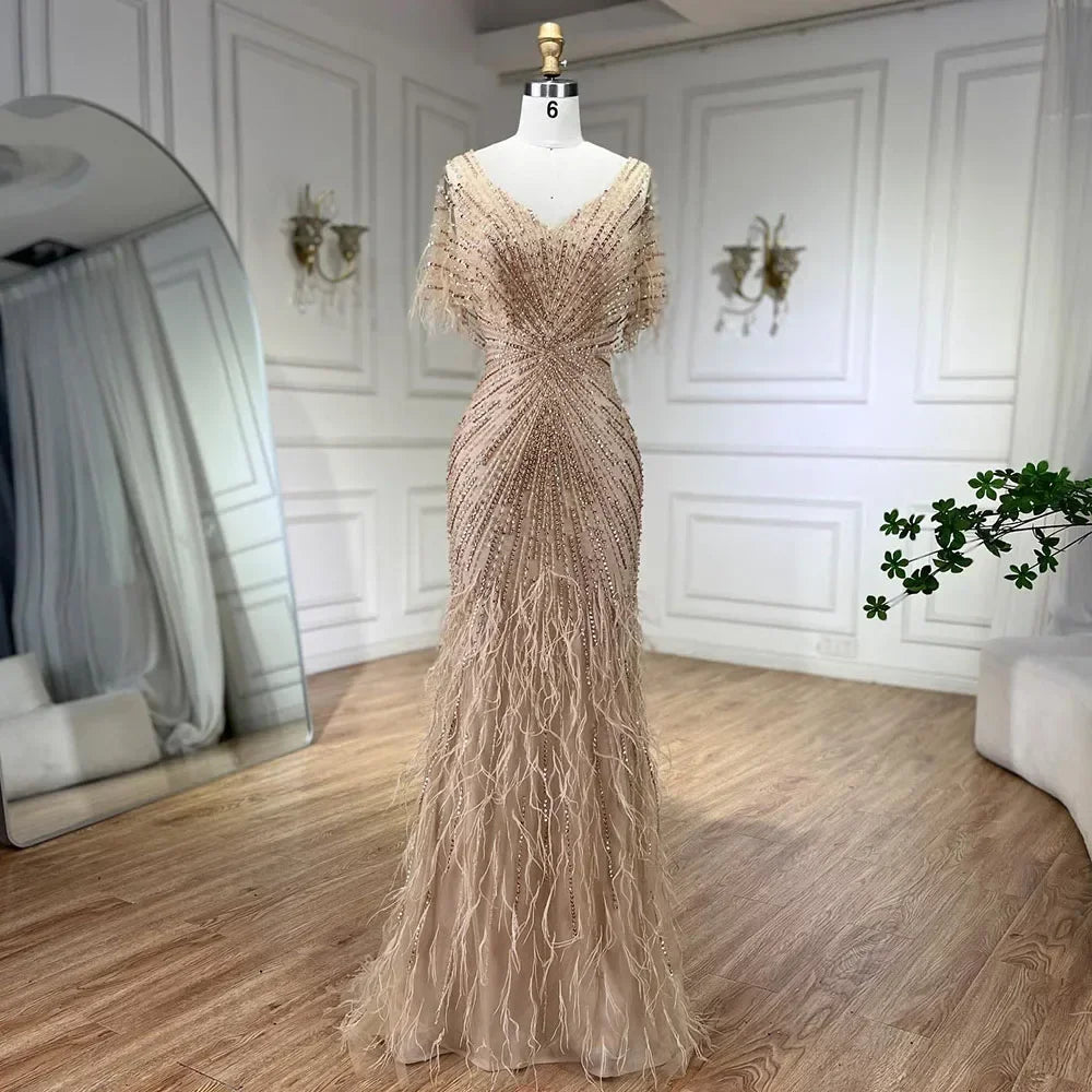 Zapdress Brown Mermaid Beaded Feathers Evening Dresses Elegant Party Gowns for Women DLA71323 Customized (ZD17329)