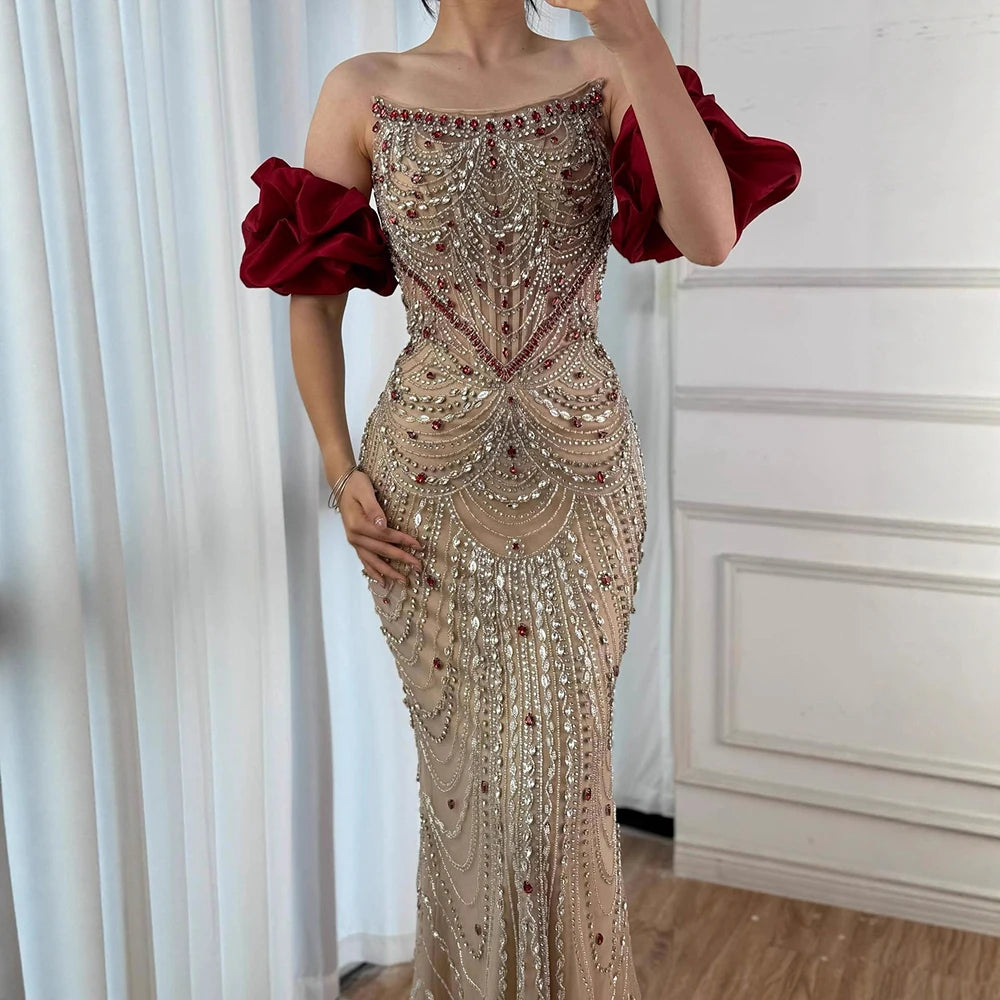 Luxury Beaded Evening Dresses with Elegant Puff Sleeves Pearl Beaded Adorned Design Zapdress DLA72903 Customized