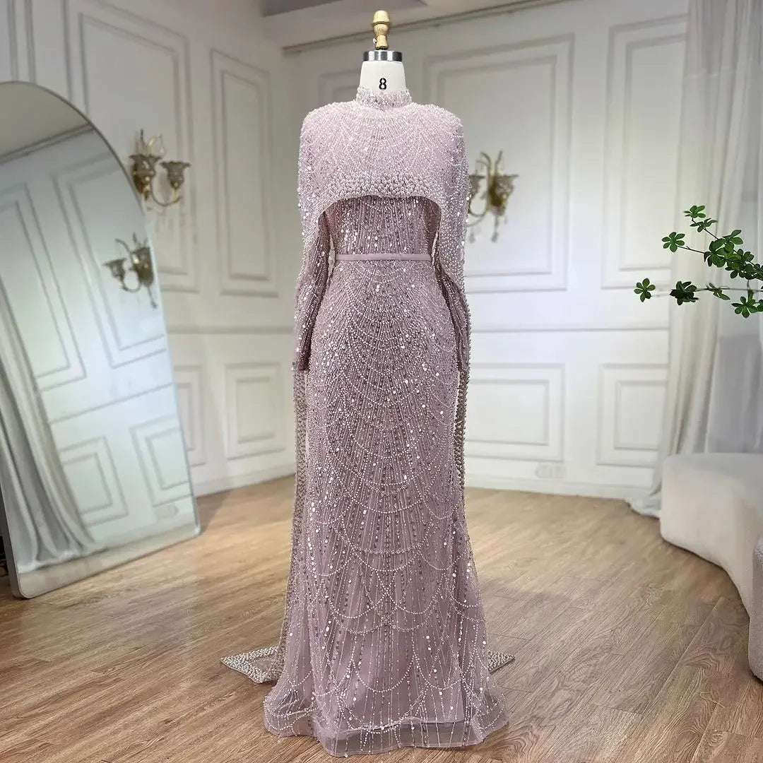 Serene Hill Customized Muslim Hijab Sage Green Long Sleeves Evening Dresses with Cape Dubai 2024 Party Gowns For Women LA72032M