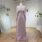 Serene Hill Customized Muslim Hijab Sage Green Long Sleeves Evening Dresses with Cape Dubai 2024 Party Gowns For Women LA72032M