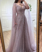 Zapdress Customized Pink A-Line Cape Sleeves Luxury Beaded Evening Dresses Party Gowns 2025 For Women Wedding (ZD17346)