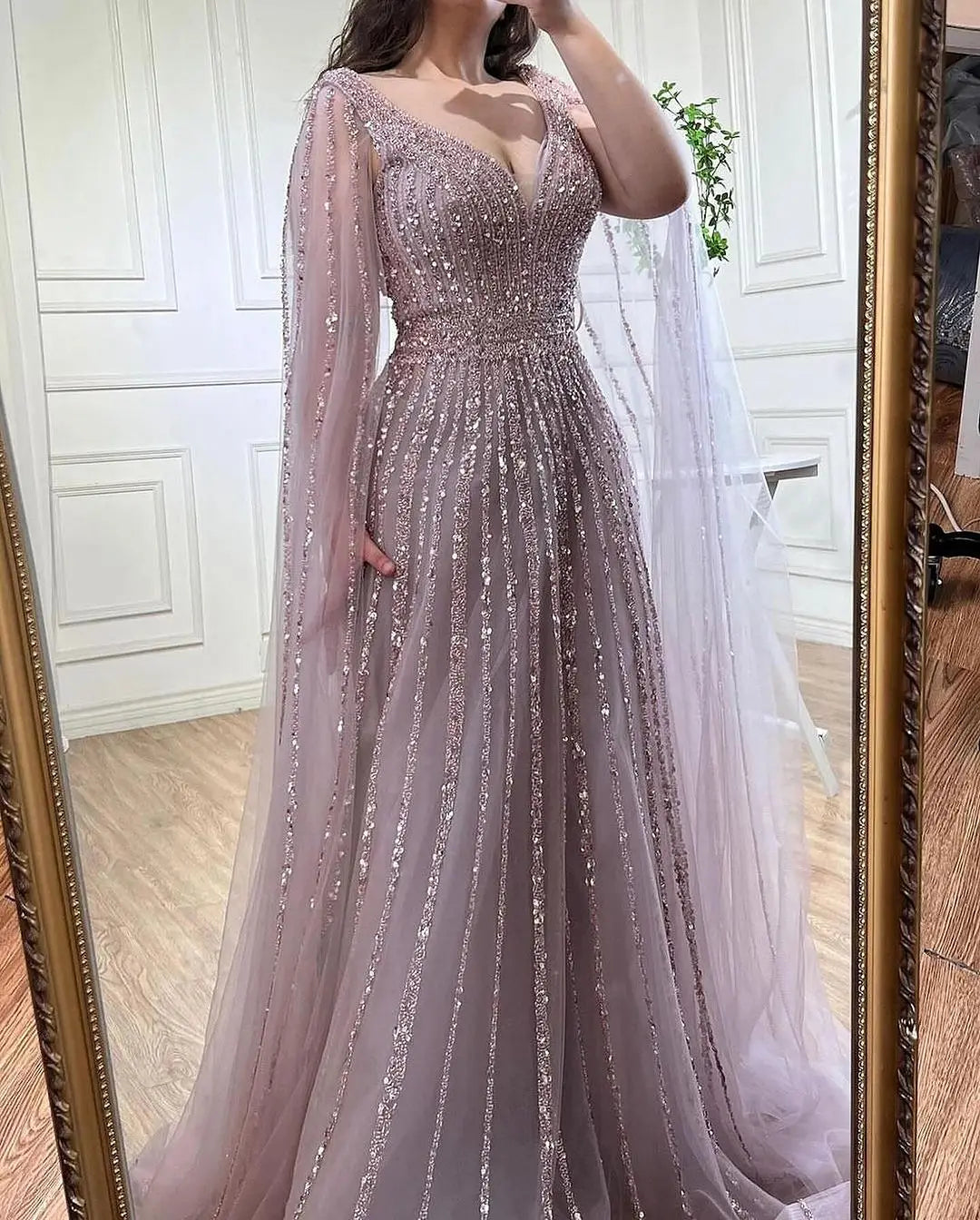 Zapdress Customized Pink A-Line Cape Sleeves Luxury Beaded Evening Dresses Party Gowns 2025 For Women Wedding (ZD17346)