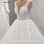 ZapDress V-Neck Wedding Dress with Beads Tassel Shoulders Illusion Long Bridal Dresses Lace Up Back Customized