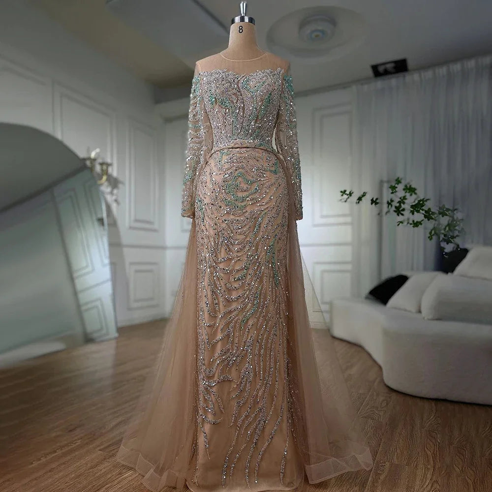 Zapdress Nude Mermaid Long Sleeve Evening Dress with Overskirt Luxury Beaded Wedding Party Gown for Women Customized (ZD17389)