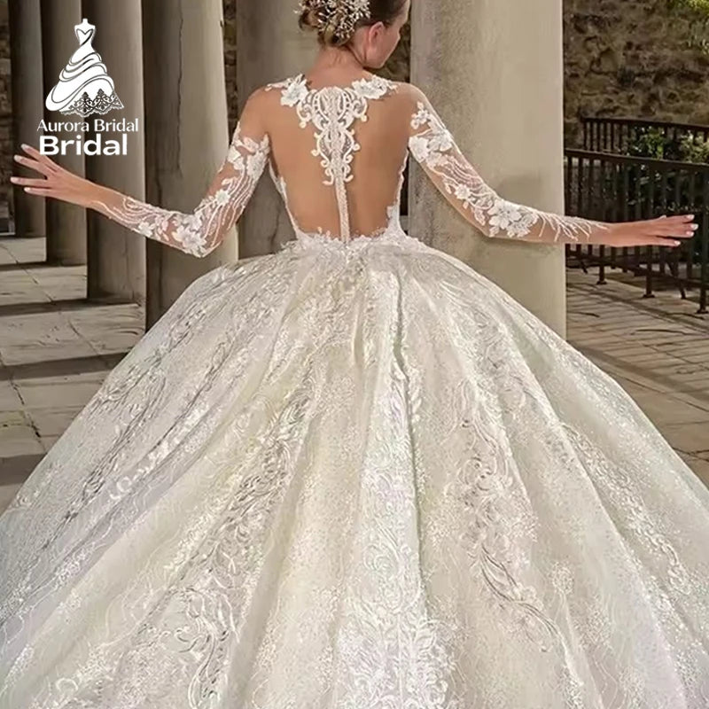 Aurora Customized Princess Vintage Puffy A Line Wedding Dress With Lace Appliques Long Sleeves Bridal Gowns Robe De Marie