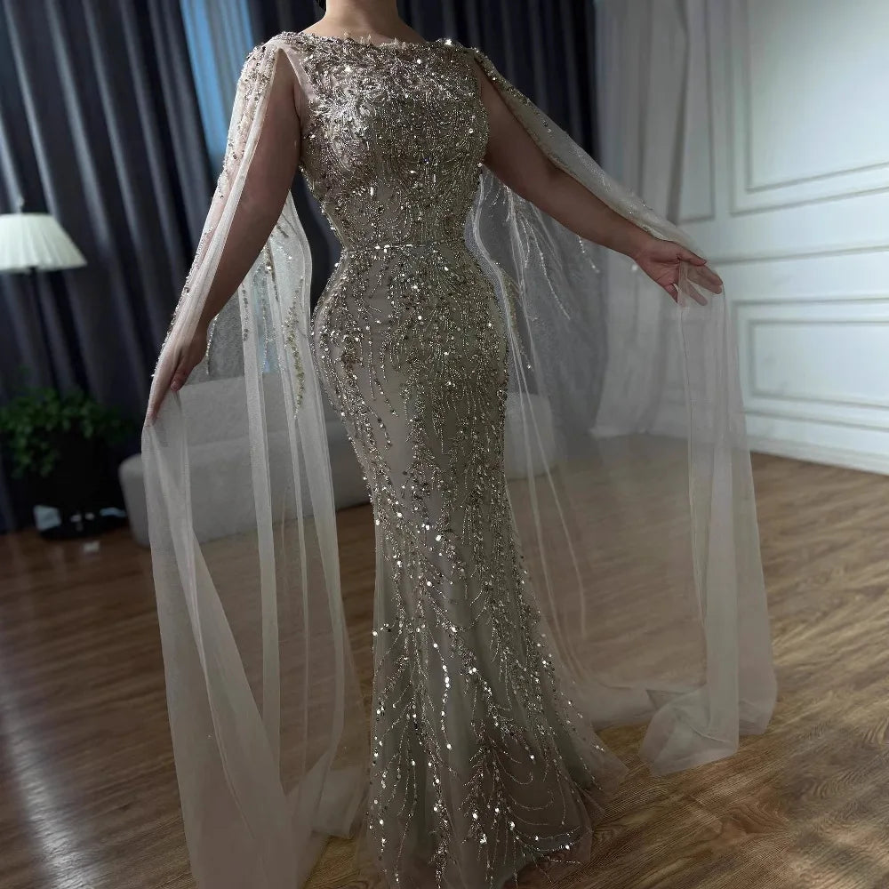 Zapdress Customized Caramel O-Neck Mermaid Evening Dress with Cape Sleeve 2026 Wedding Party Gowns for Women (ZD17364)