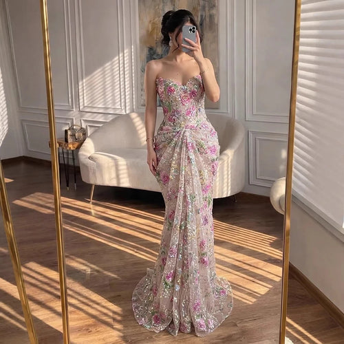 Zapdress Strapless Mermaid Evening Dress Flower Pattern Formal Wedding Party Gowns for Women 2026 Customized (ZD17224)