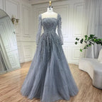 Serene Hill Customized Pink Long Sleeves A Line Beaded Dubai Evening Dresses Party Gowns 2025 For Women Wedding DLA71915
