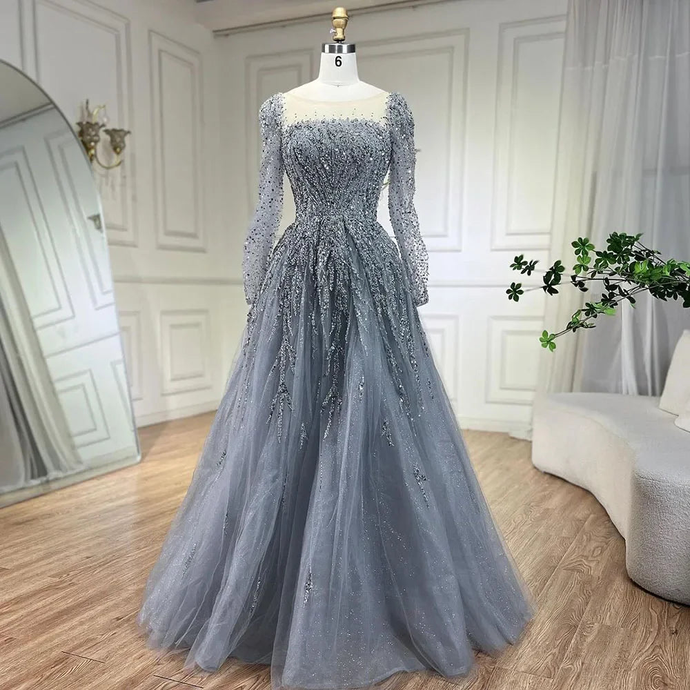 Serene Hill Customized Pink Long Sleeves A Line Beaded Dubai Evening Dresses Party Gowns 2025 For Women Wedding DLA71915