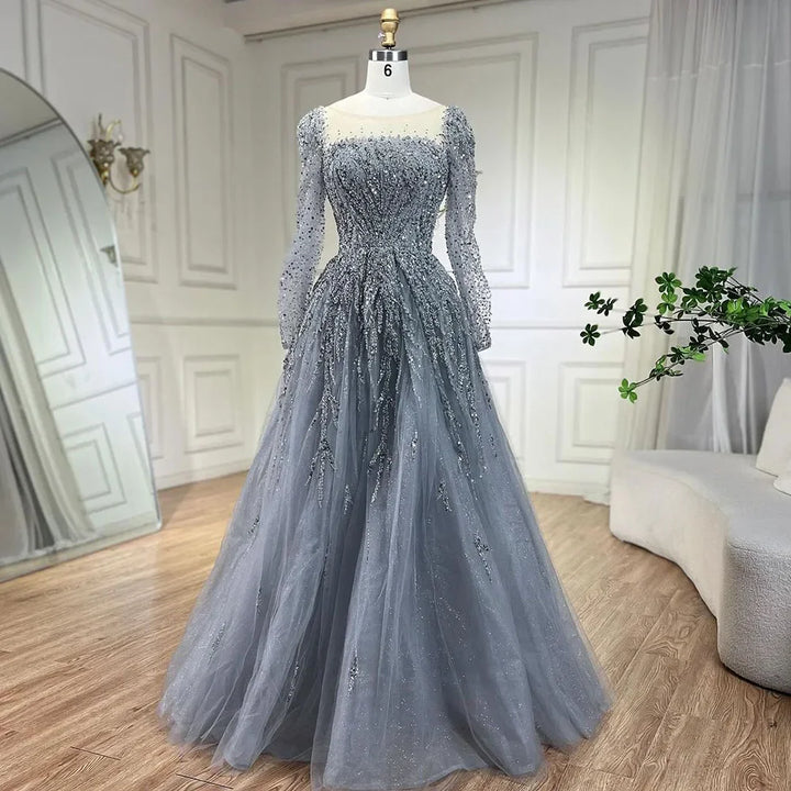 Serene Hill Customized Pink Long Sleeves A Line Beaded Dubai Evening Dresses Party Gowns 2025 For Women Wedding DLA71915