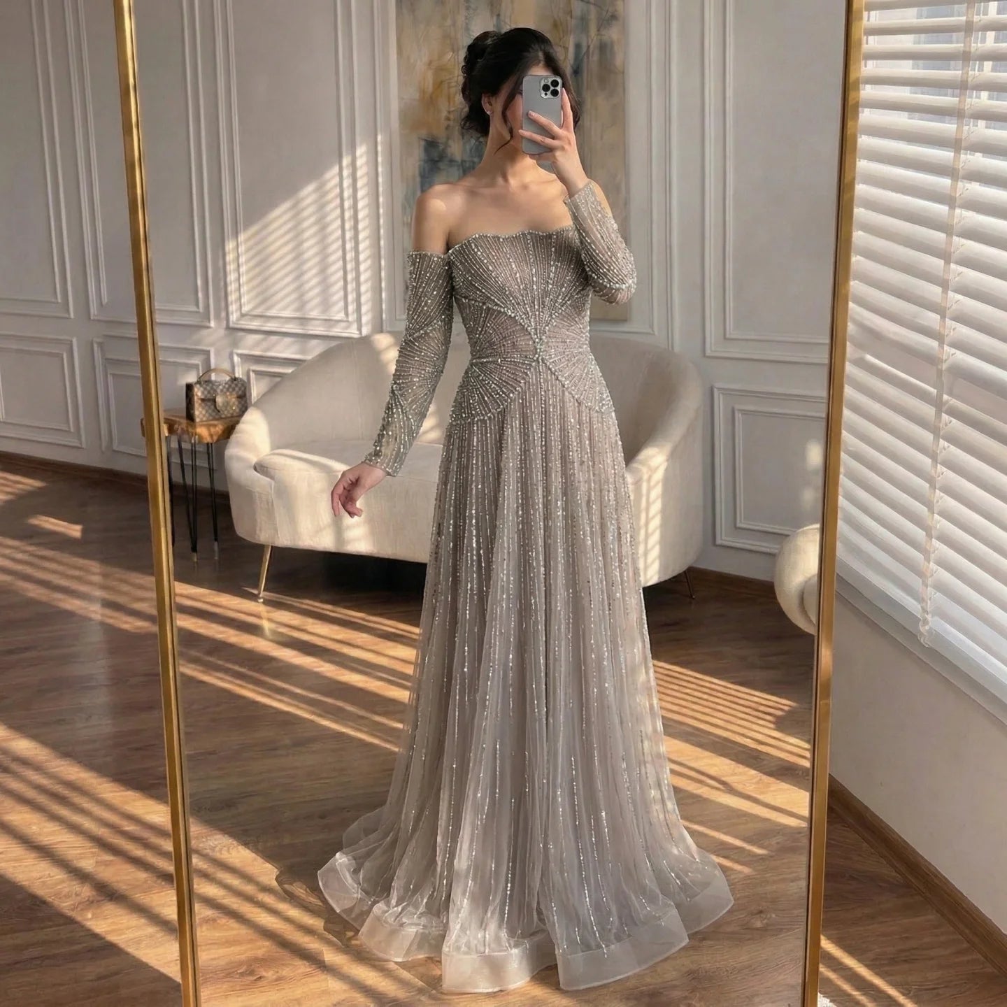 Serene Hill Customized Off Shoulder Long Sleeves A-line Prom Dress for Women Formal Wedding Party Evening Gowns DLA73333