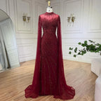 Serene Hill Customized Caramel Mermaid Beaded Cape Sleeves Evening Dresses 2024 Dubai Party Gowns for Women Wedding DLA71885A