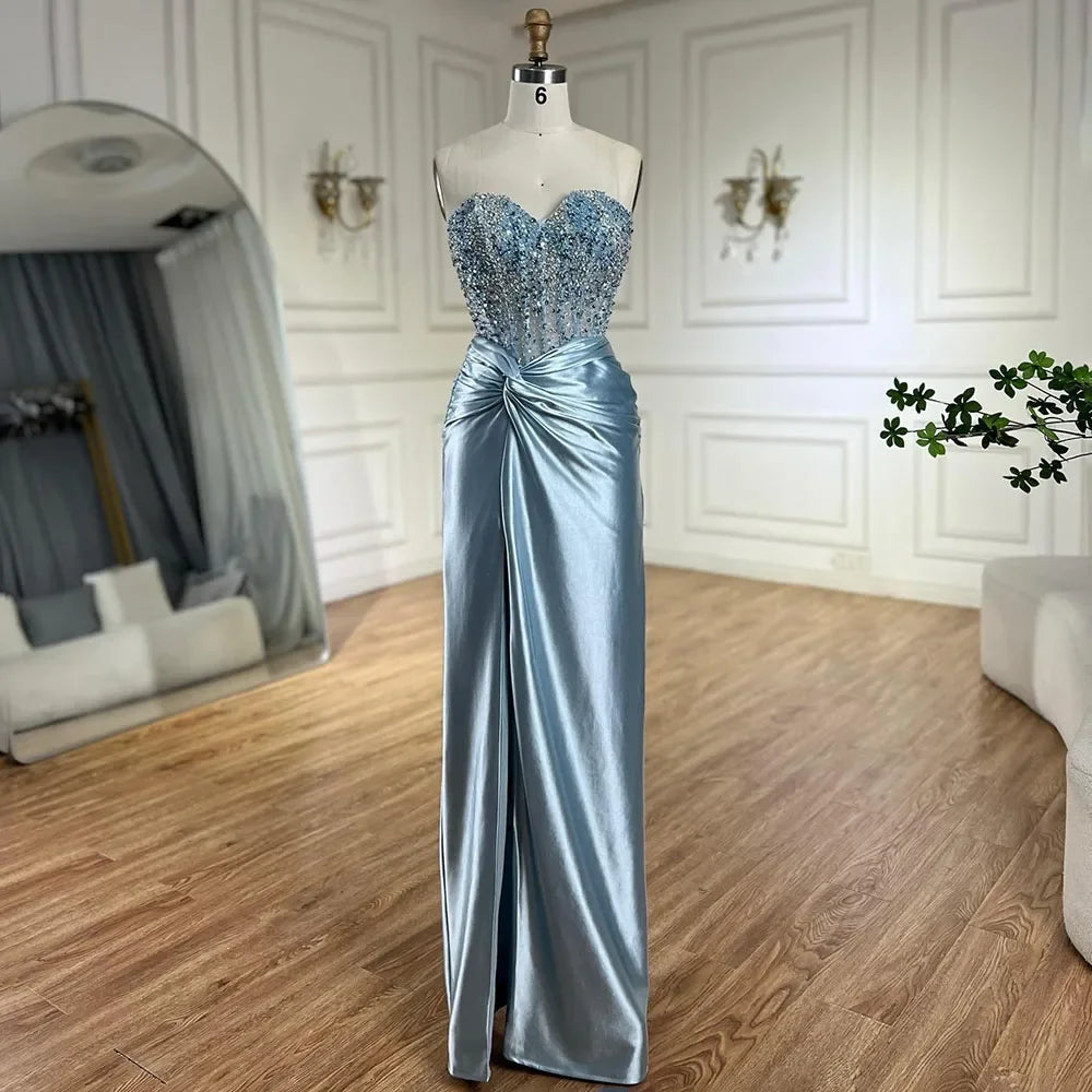 Serene Hill Customized Lilac Satin Split Strapless Mermaid Evening Dresses Beaded Party Gowns for Women Bridesmaid DLA72329