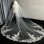 Real Photos Long Lace Appliques Wedding Veil White Ivory Cathedral 1 Layer Bridal Veil 3Meters Bride Veil