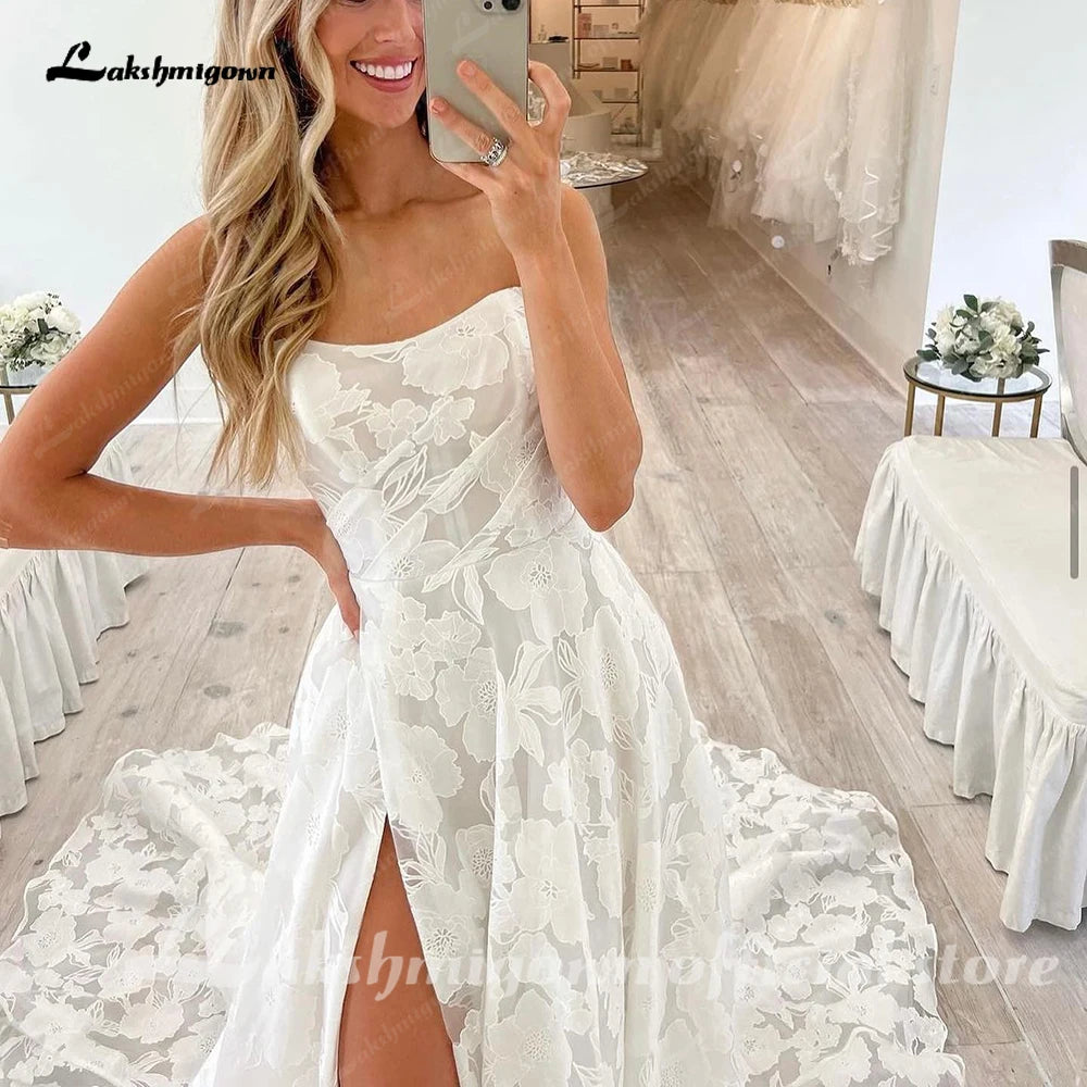 ZapDress Lace Wedding Dress for Women Side Slit A-line Bride Wedding Gowns Vestidos De Novia Customized