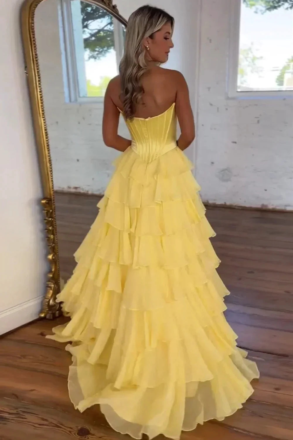 Cathy Strapless Tiered Ruffles A-line Prom Dress A-line Side Split vestidos de noiva Customized Zip Back Chiffon Evening Gown by Sunnderly