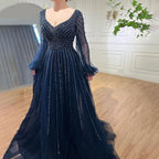 Zapdress Customized Navy Long Sleeves A-Line Beaded Arabic Evening Dresses Gowns 2024 For Women Wedding Party (ZD17328)