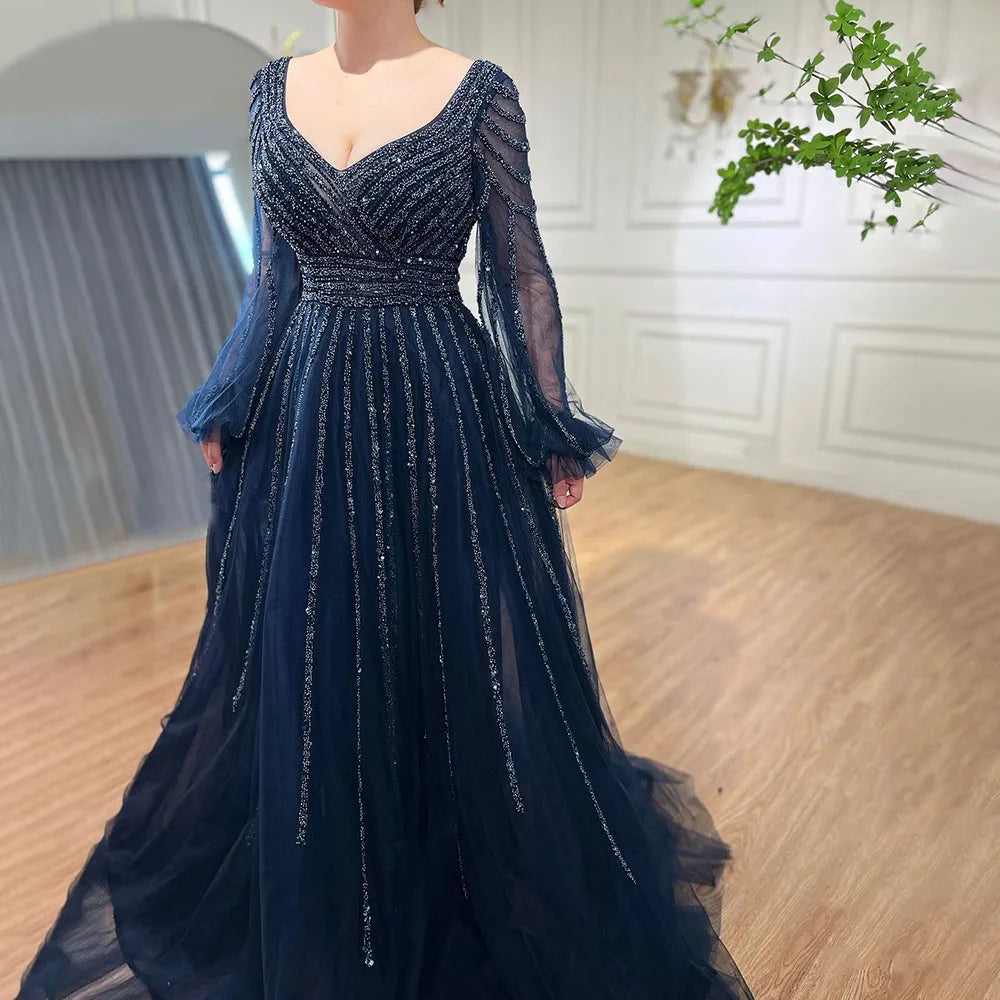 Zapdress Customized Navy Long Sleeves A-Line Beaded Arabic Evening Dresses Gowns 2024 For Women Wedding Party (ZD17328)
