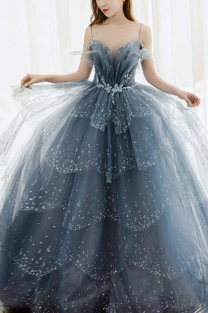 Blue Tulle Beaded Long A-Line Prom Dress, Blue Formal Evening Gown Y1579
