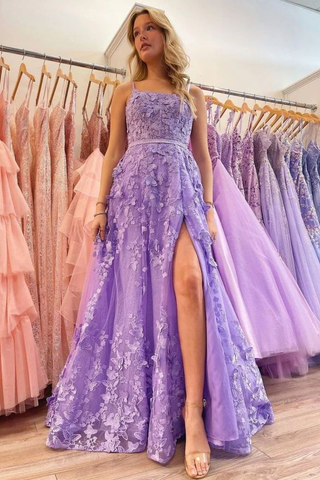 Hübsches lavendelfarbenes A-Linien-Ballkleid mit Spaghettiträgern und 3D-Spitze und floralem Muster, langes Ballkleid, A-Linie, Abendkleid Y7935