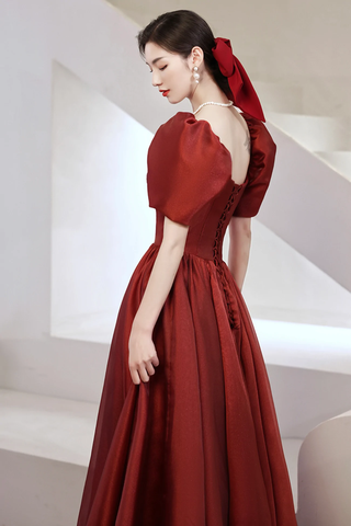 Burgundy Satin Long Prom Dresses A-Line Short Sleeve Evening Dresses Y1170