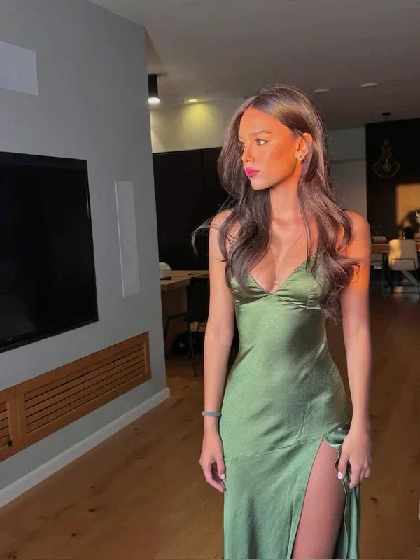 Sexy Spaghetti Straps Green Prom Dress Long Slit Evening Dress Y7912 by simplepromdress