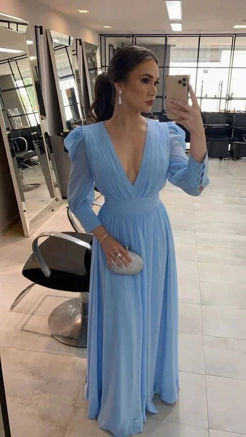 Light Blue Long Sleeve Chiffon Prom Dress Evening Dress Y5747 by simplepromdress