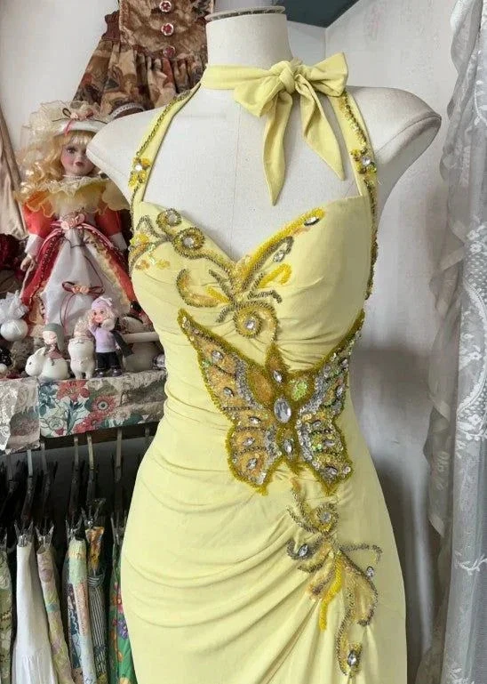 Elegant Yellow Mermaid Halter Neck Sequin Diamond Long Prom Dress Backless Slit Evening Dress Y8554 by simplepromdress