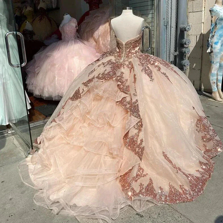 Rose Gold Sweet 16 Quinceanera Dresses Sequins Appliques Sweetheart Ball Gowns Y401 by simplepromdress