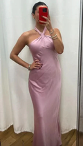 Simple Halter-Neck Pink Satin Long Prom Dress Formal Evening Dress Y8450 by simplepromdress