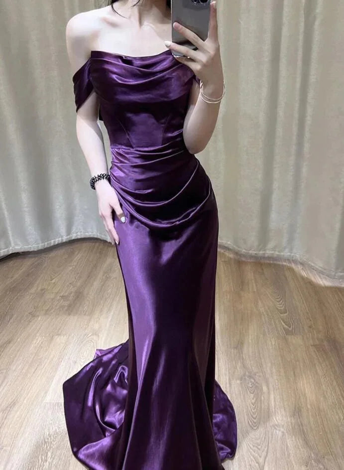 Off Shoulder Purple Satin Long Evening Dress Y7372 by simplepromdress