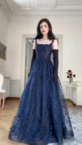 Navy Blue A Line Lace Appliques Prom Dress Elegant Evening Gown Y7830 by simplepromdress
