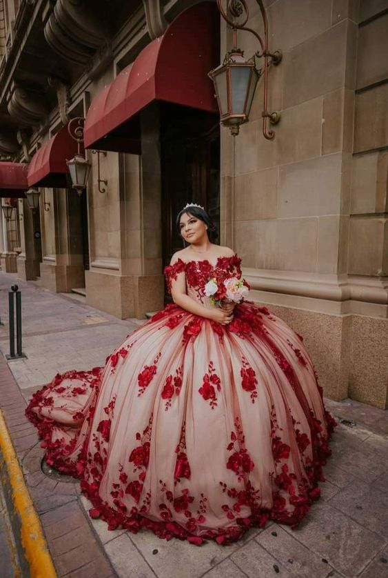 Red Lace Quinceanera Dress Ball Gown Off Shoulder Sweet 16 Party Dress Y6424 Hover Image