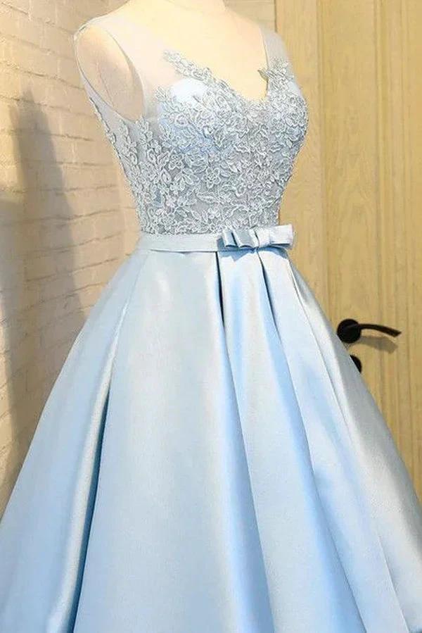 Blue A Line Princess V Neck Backless Appliques Homecoming Dresses by Ombreprom