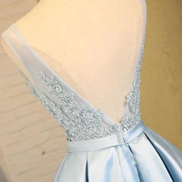 Blue A Line Princess V Neck Backless Appliques Homecoming Dresses by Ombreprom