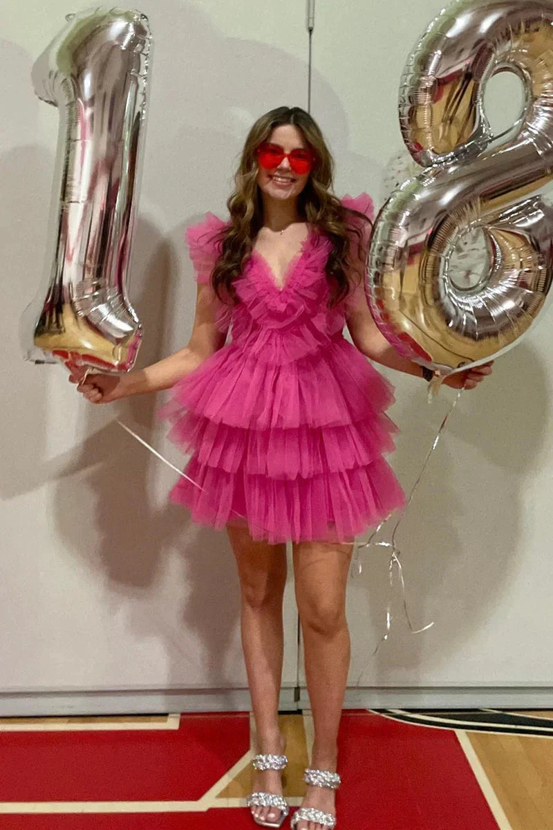 Cute Pink Ruffled Tiered Tulle Short Homecoming Dress Y1995 by simplepromdress