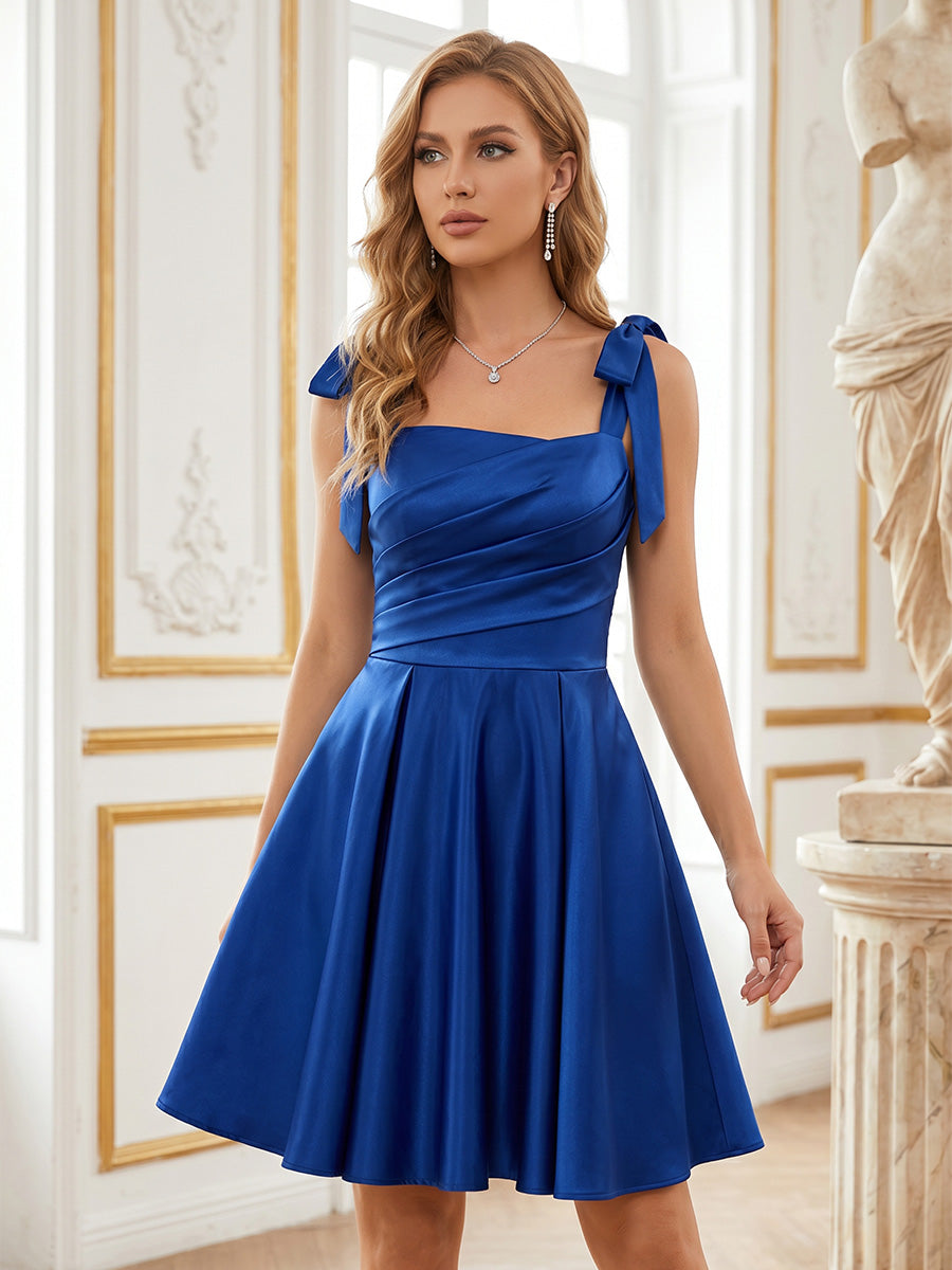 Satin A-Line/Princess Spaghetti Straps Short Homecoming Dresses with Ruched Waist (SHI22370238)