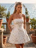Jacquard A-Line/Princess Strapless Short Homecoming Dresses with Bow & Pearls (SHI22370324)