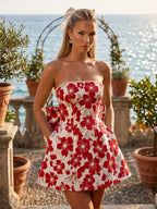 Jacquard A-Line/Princess Strapless Short Homecoming Dresses with Bow & Pearls (SHI22370324)