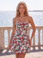 Jacquard A-Line/Princess Strapless Mini Homecoming Dresses with Bow & Pearls (SHI22370329)