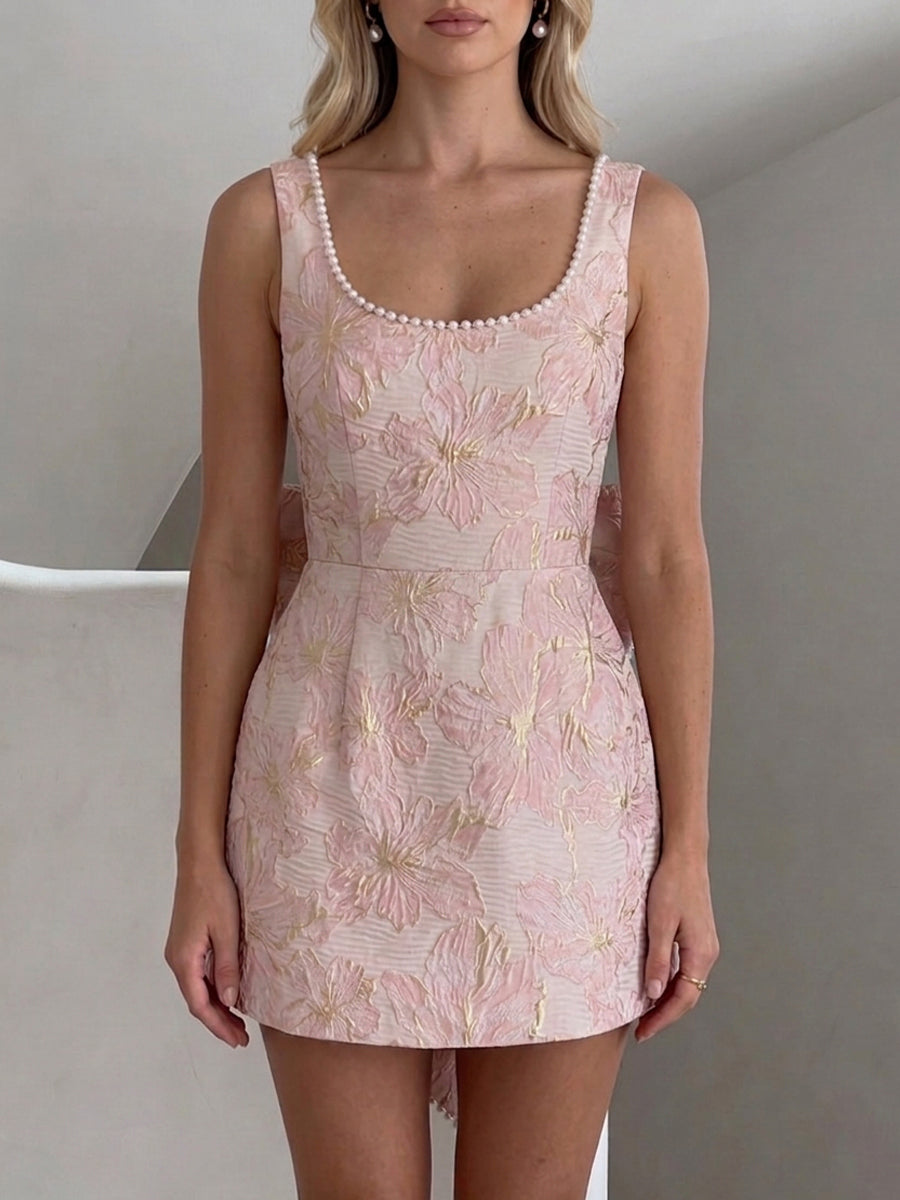 Jacquard A-Line/Princess Strapless Mini Homecoming Dresses with Bow & Pearls (SHI22370329)