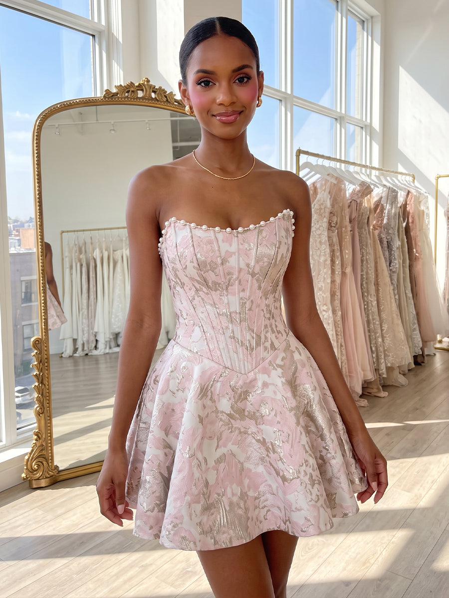 Jacquard A-Line/Princess Strapless Short Homecoming Dresses with Bow & Pearls (SHI22370324)
